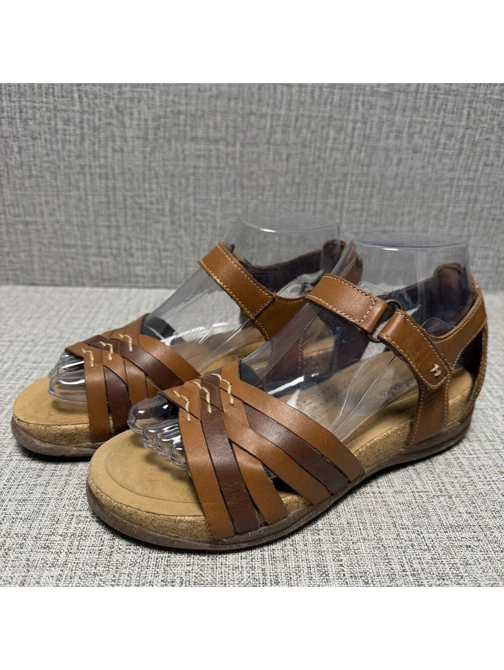 Clarks Sandals Womens Sz 6 M Brown Tan Leather Cork Strappy Wedge Roseville Cove